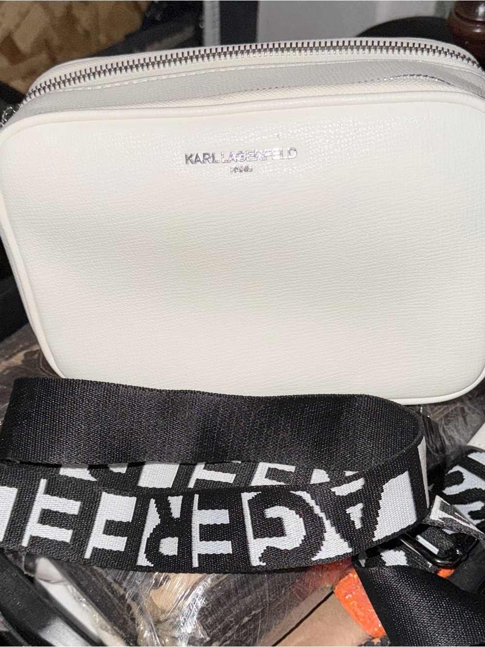Karl Lagerfeld White Leather Belt Bag with Black Branded Strap